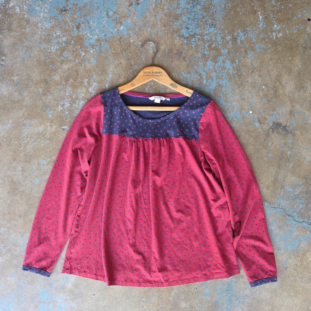 Boden Polka Dot Top Size 12 Red Navy Blue Jersey Knit Long Sleeve Tunic